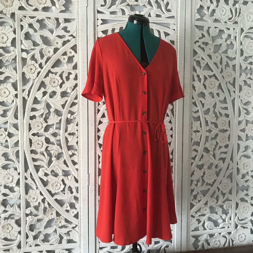 Violeta - Red Flutter Sleeve Button-Up Dress - image 1